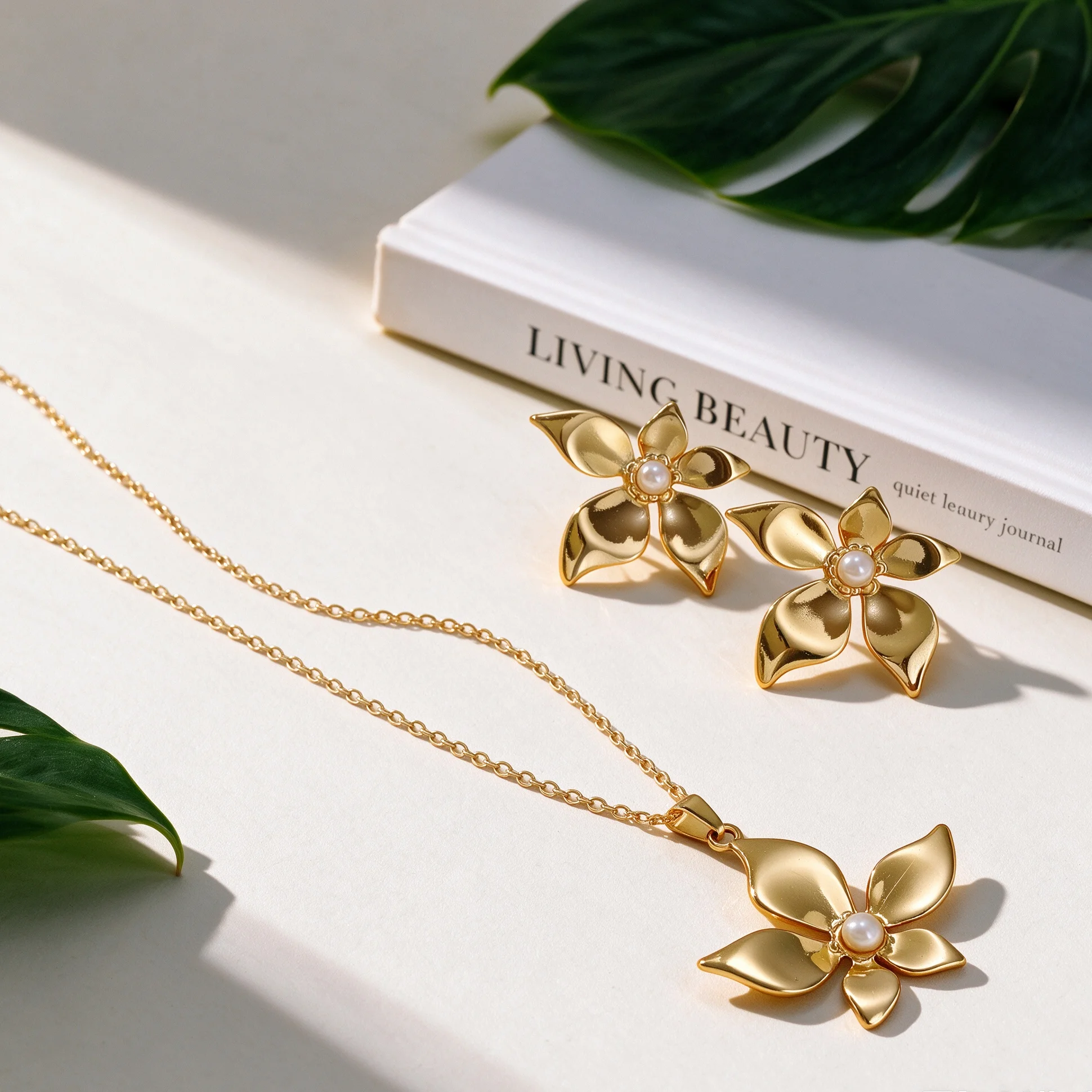 1Set Gentle French Glossy Polished Five Petal Flower Inlaid Pearl Necklace Earrings Jewelry Set For Women Daily Commute Wear