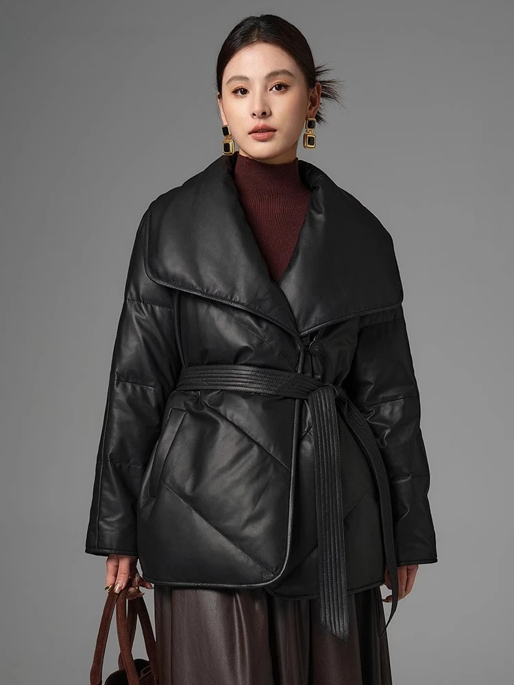 

Fluffy Warm Winter Genuine Leather Goose Down Jackets for Women 2026 New High-end Simple Soft Black Real Sheepskin Down Coat