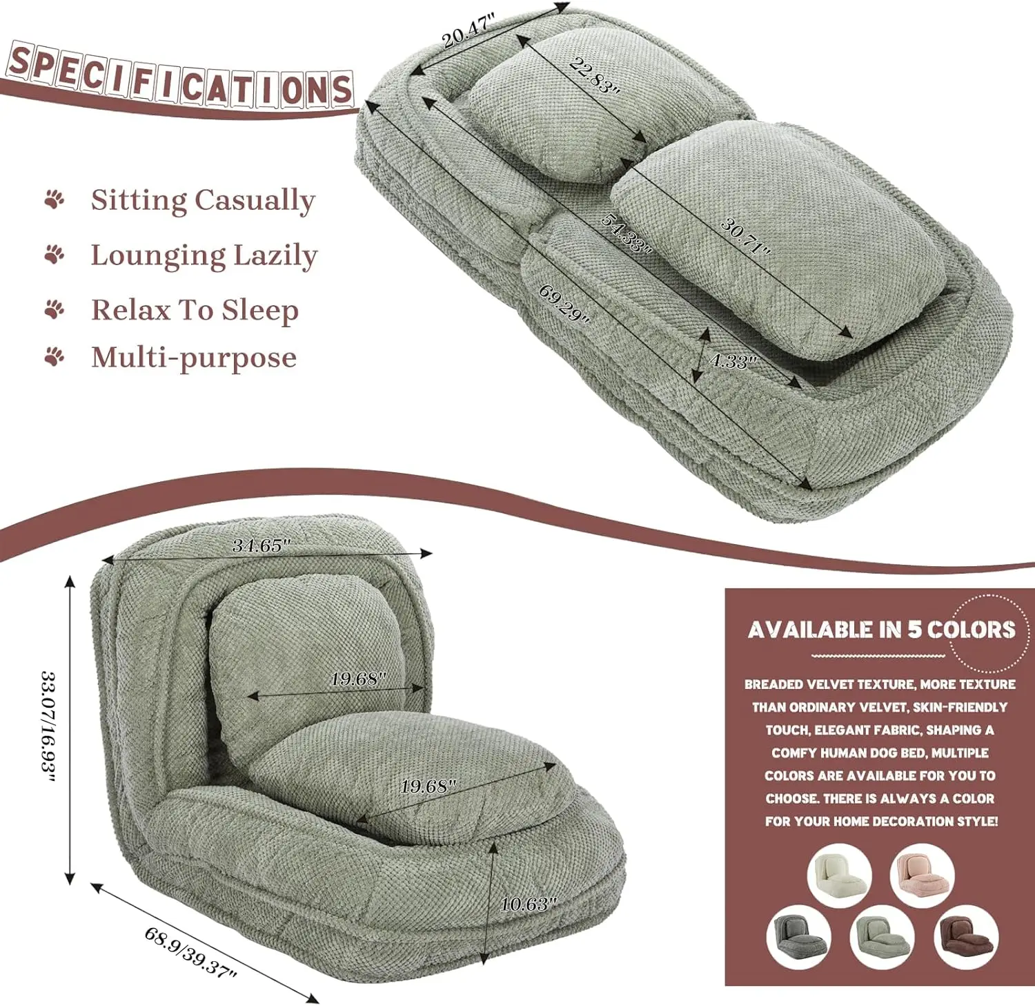 Convertible Lazy Sofa Bed with 5 Adjustable Position, Comfy Tatami Bean Bag Lounge