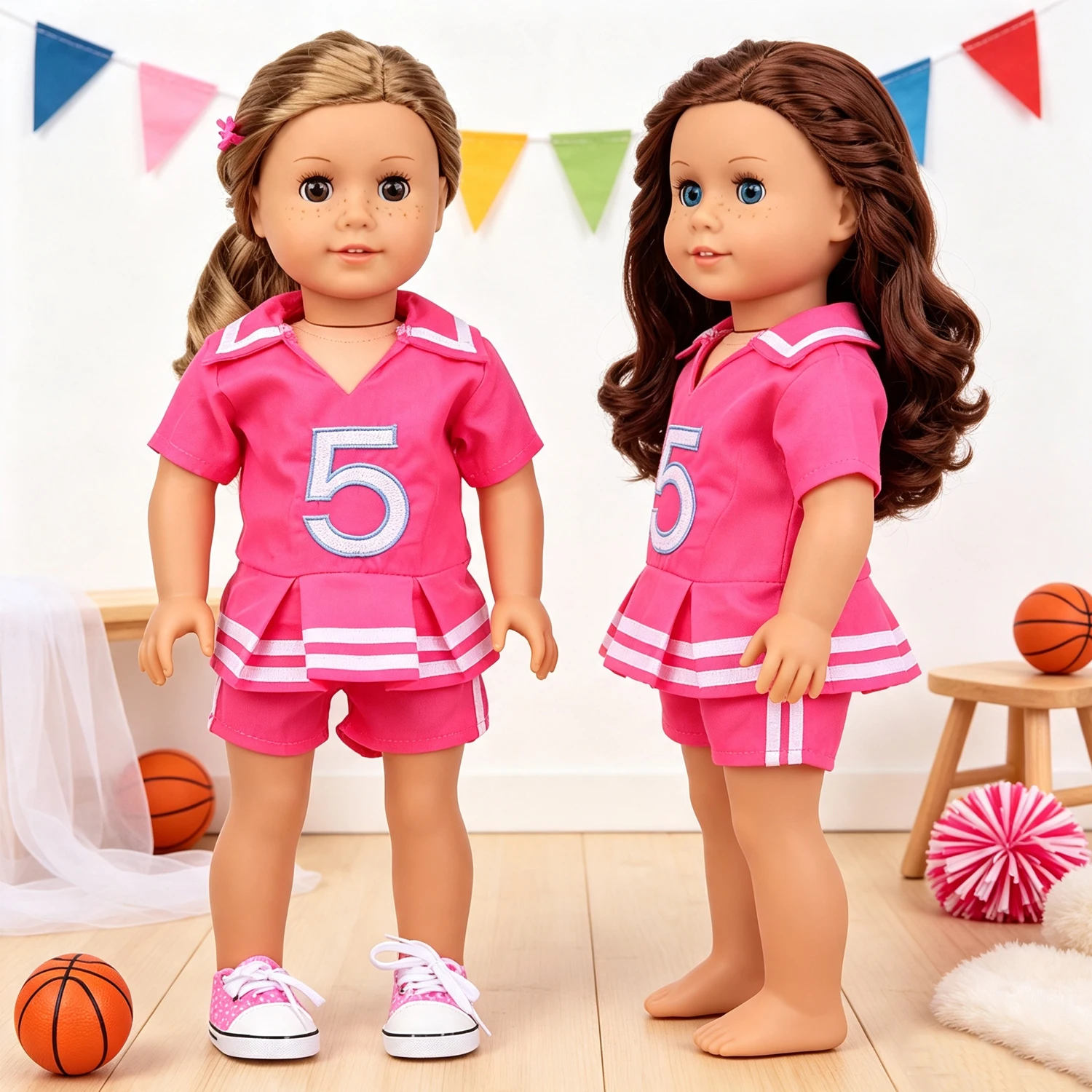 Cute Cheer Squad Doll Costume Number 5 Sailor Collar Top + Shorts + Lace-up Shoes Sport Outfit For 18