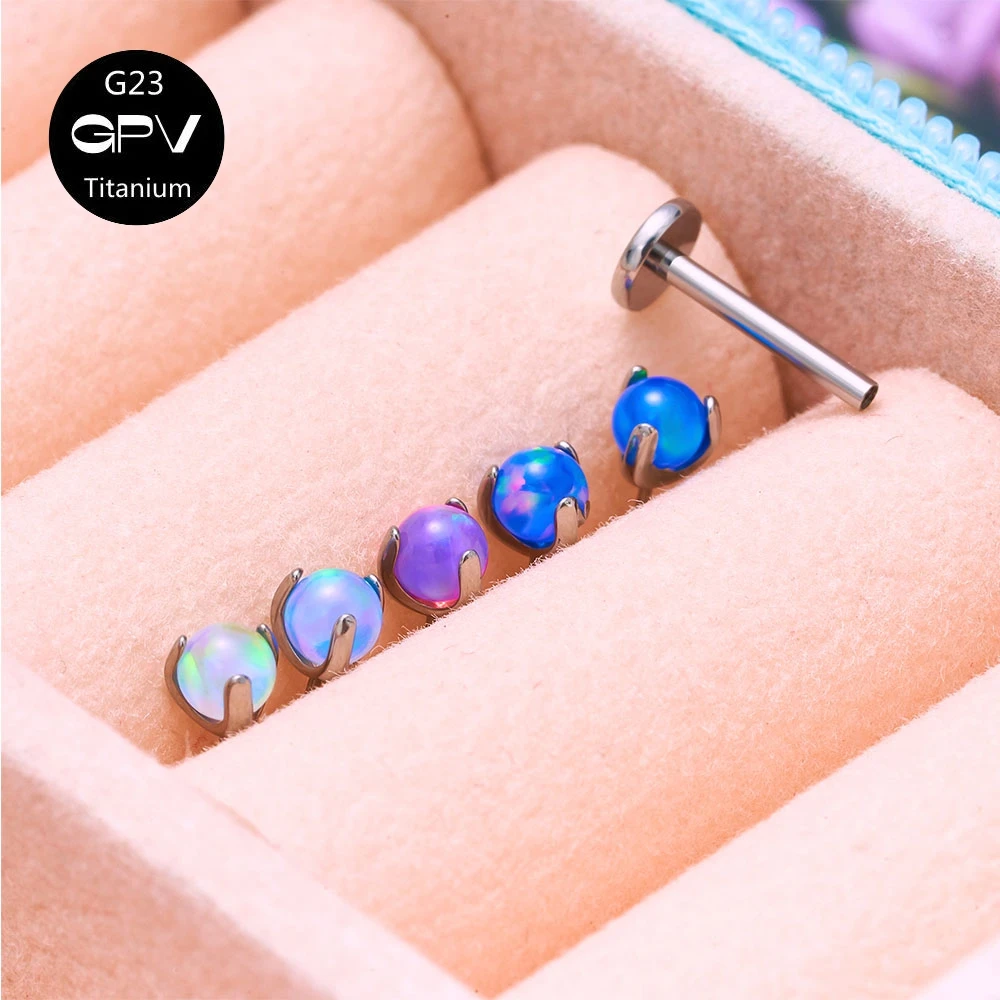 G23 F136 Titanium Earnail Three Claw Round Aurora High Brightness Opal Women\'s Ear Cartilage Nail Perforated Jewelry