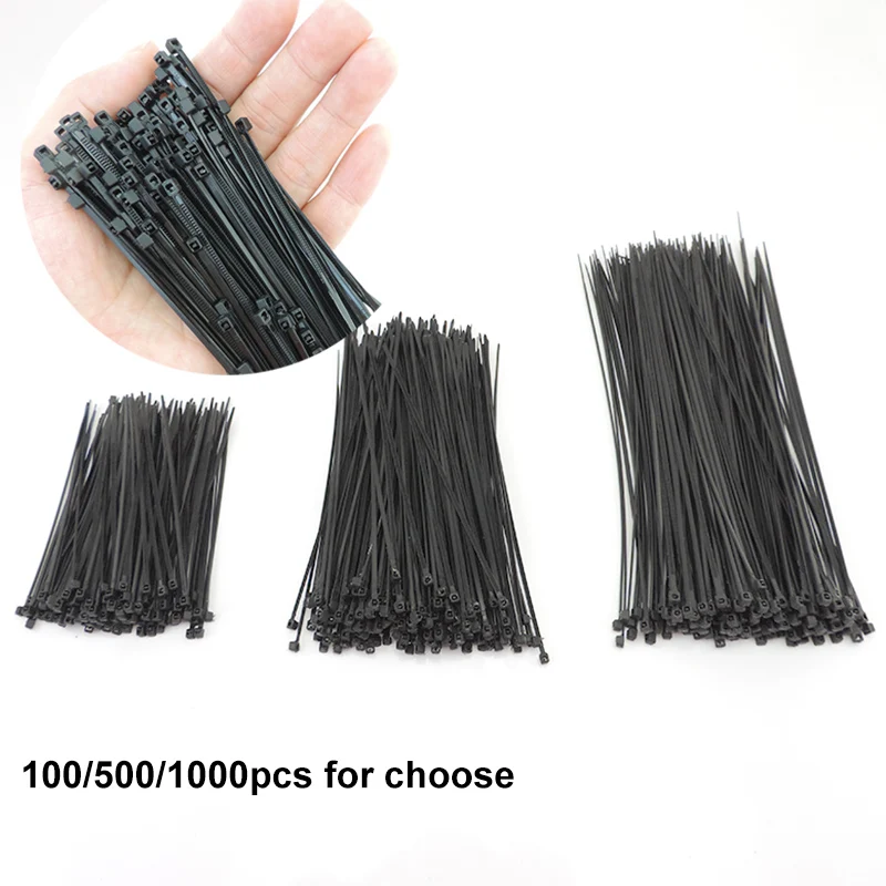 Black Nylon Cable Zip Ties Self Locking Plastic Loop Wire 3x100mm 3x150mm 3x200mm Wrap Strap Organiser Fasten Tension Belt a1