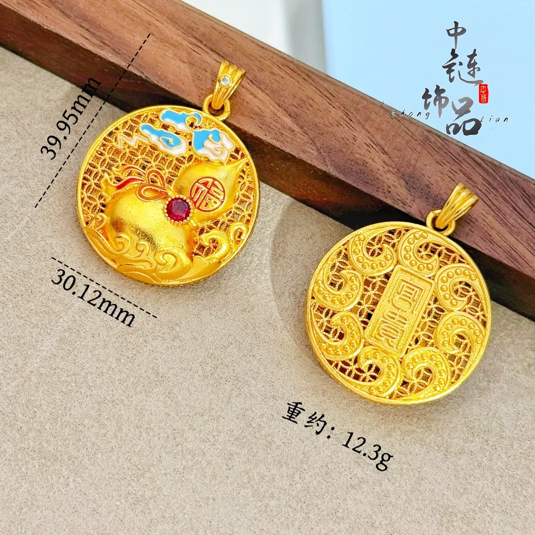 9999 gold enamel-colored auspicious lotus-shaped compass pendant - New Chinese-style filigree lucky compass pendant