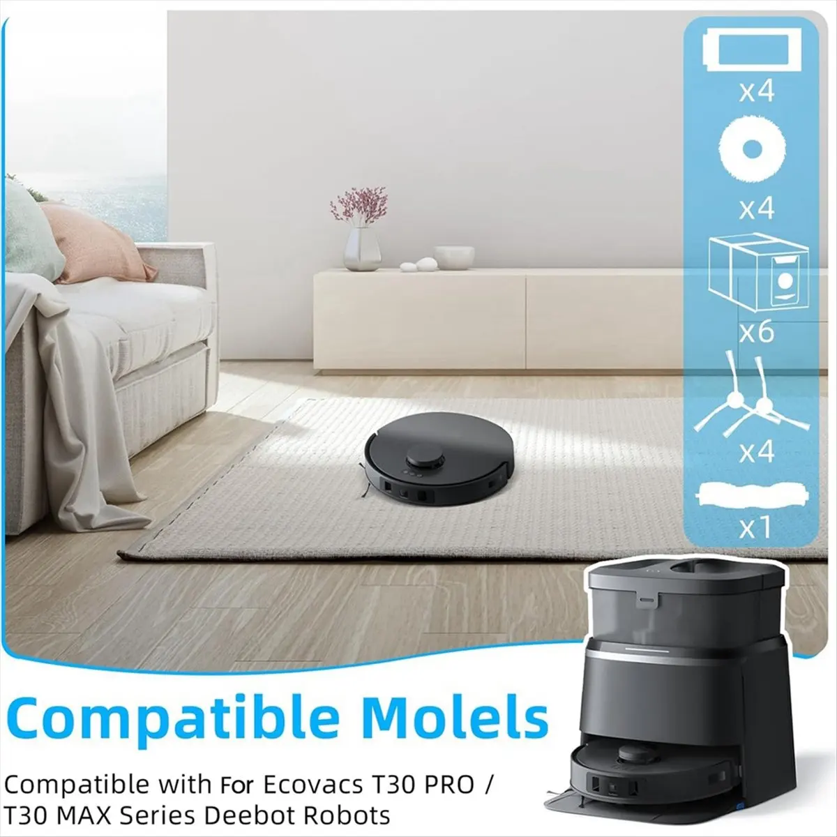 【HOT A60I】 Pour aspirateur T30 Omni / T30 Pro Omni : brosse principale et latérale, filtres HEPA, serpillière, sacs à poussière et accessoires.