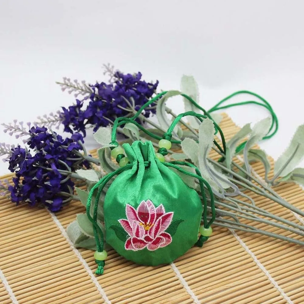 Lotus Embroidery Embroidered Sachet Silk Satin Beads Lotus Drawstring Bag Drawstring Closure Mini Size Vintage Chinese Pouch