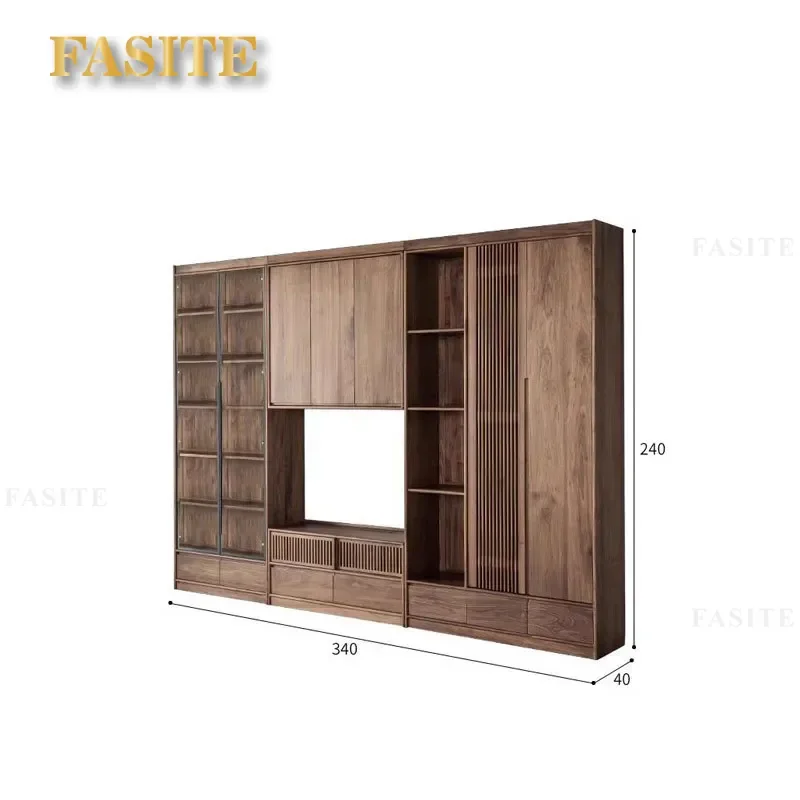 For North American Black Walnut Living Room Full Wall TV Cabinet Locker Cherry Wood Integrated Wall Bookcase Factory Direct