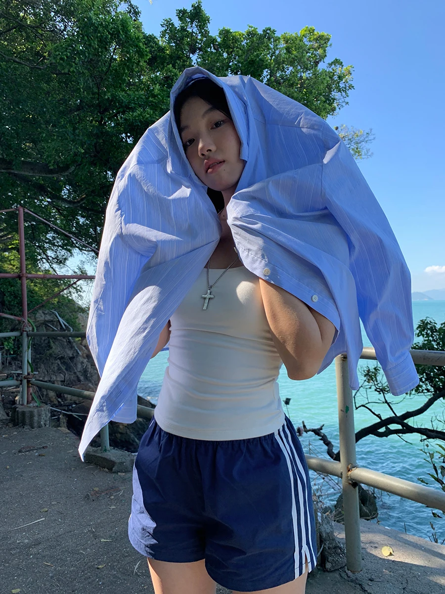 

Длинный свеч в синюю полоску для женщин, осень 2023, новинка Sle, повседневный воротник свободного покроя из смеси хлопка