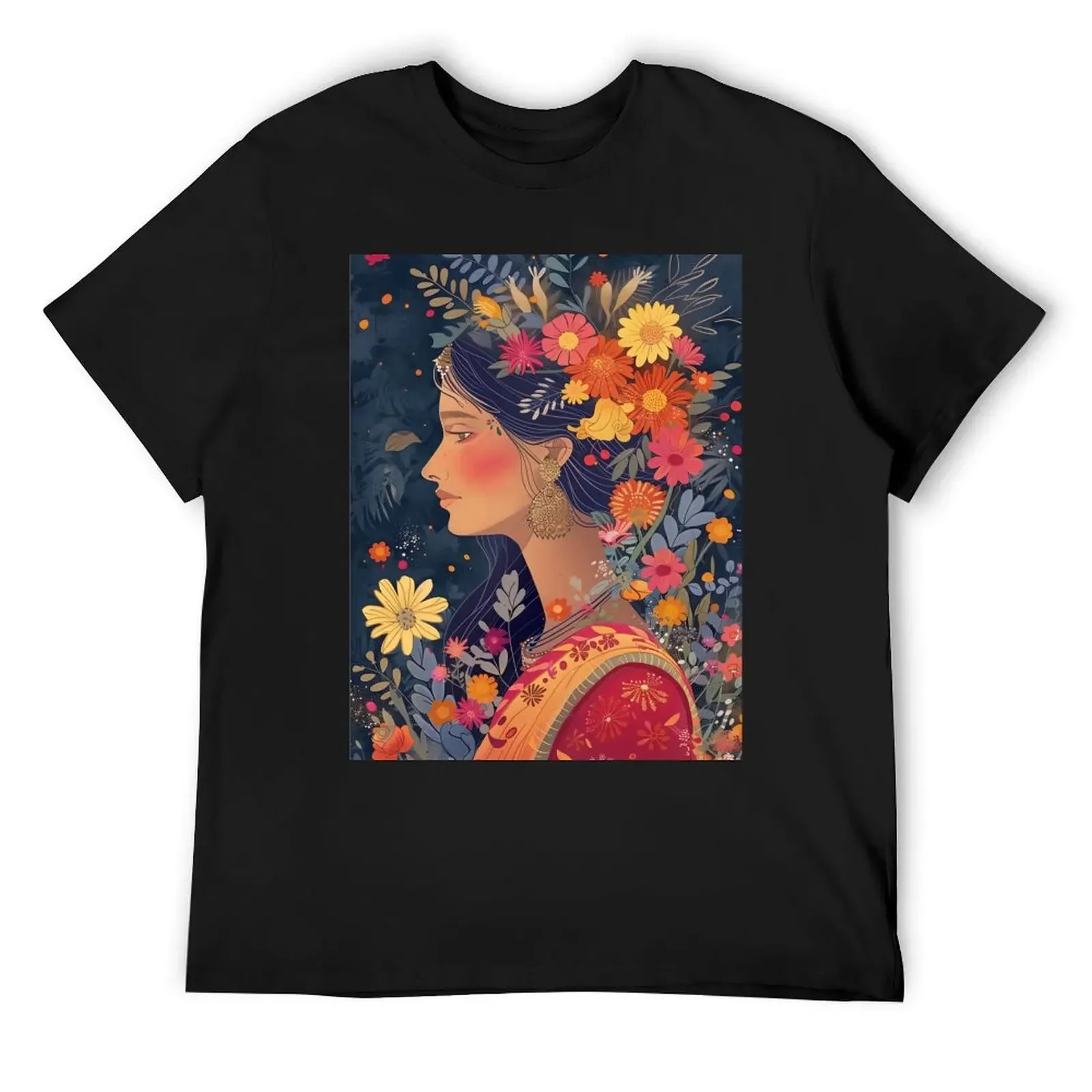 

Indian Woman Flower Head Wall Art T-Shirt anime tshirt blue archive anime shirt mens t shirts pack
