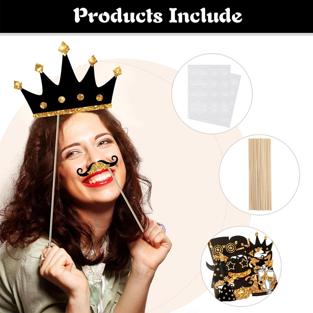 24PCS Party Photo Booth Props for Birthday Weddings Graduation Prom New Year Party Supplies Mix of Hats Lipstick Tie Crowns