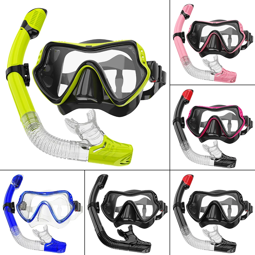 Snorkel Mask Swimming Goggles Scuba Diving Silicone Skirt Tempered Glass Len Wide View Training with Nose Cover Adjustable Strap