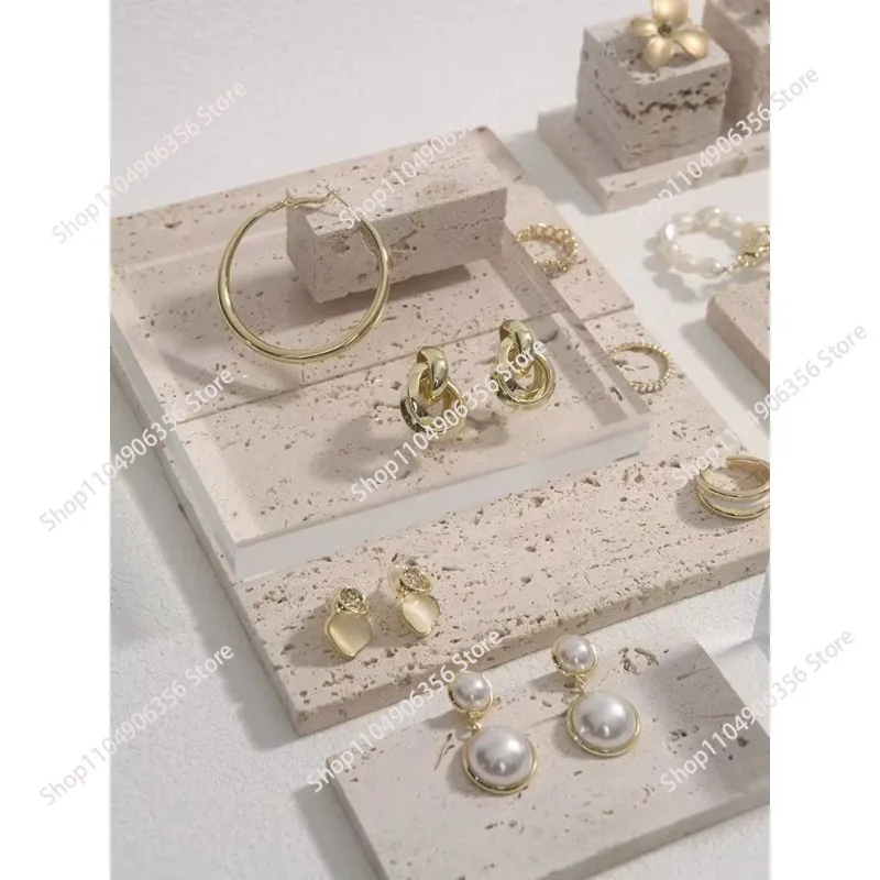 カスタマイズ可能な卸売ランダムイエロー-トラバーチン大理石プレート-ラウンドトレイ-収納-写真撮影用小道具-背景-ジュエリーディスプレイベース