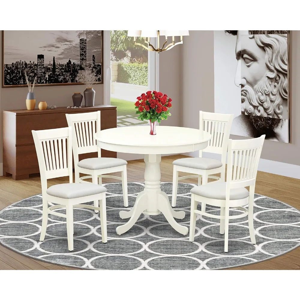 Furniture Piece Dining Room Table Set Includes a Round Kitchen Table with Pedestal and 4 Linen Fabric Upholstered Chairs