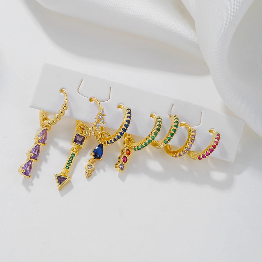7Pcs Colorful Huggie Earrings Set for Women, Gold Plated Cubic Zirconia Rainbow Gemstone Dangle Charm, Stackable Jewelry