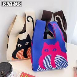 Mini bolso de muñeca con nudo portátil japonés para mujer, bolso de mano con asa superior, Simple, de gato, impermeable, para compras, para llaves de teléfono