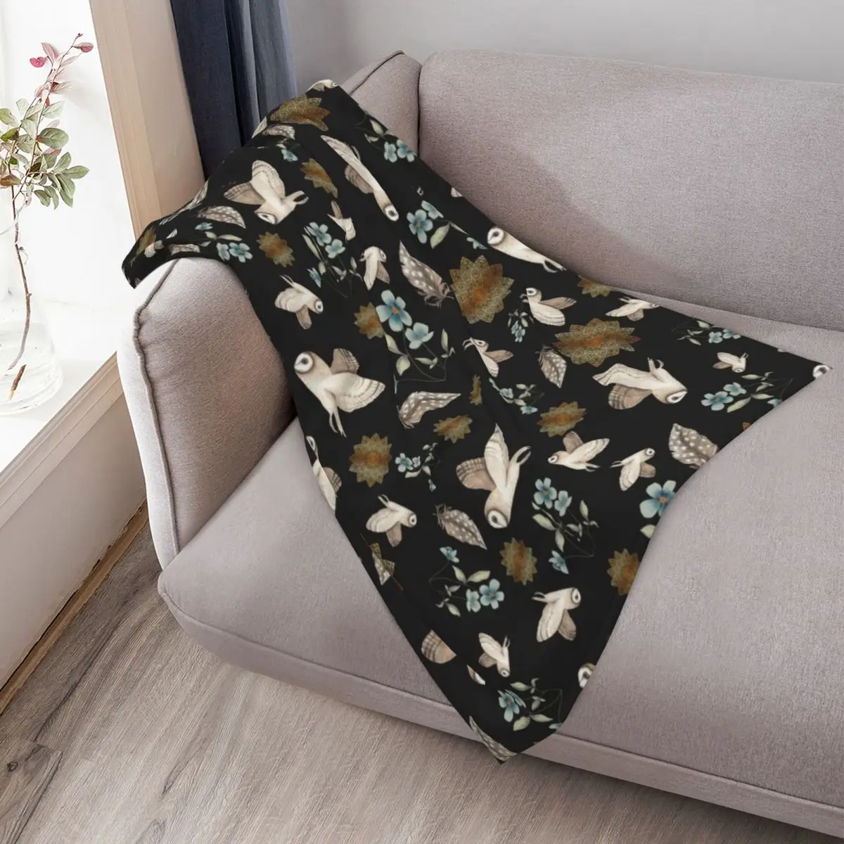 نمط بومة الحظيرة باللون الأسود، بطانية رمي مزخرفة، بطانيات لحاف منقوشة ناعمة وناعمة #3