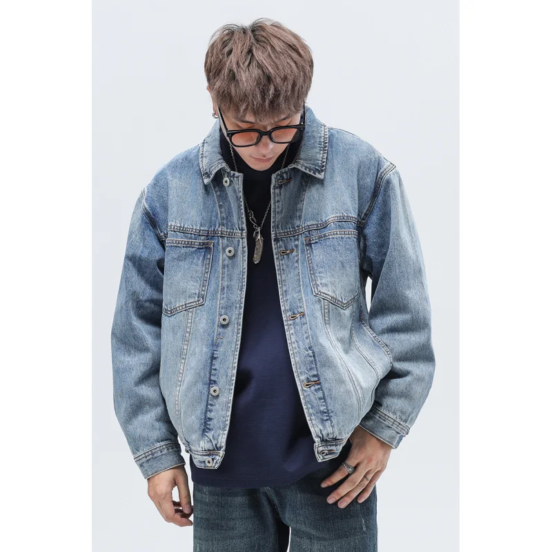 

High-end fall and winter denim jacket men's tide workwear jacket personality splicing casual loose men's tops 4XL