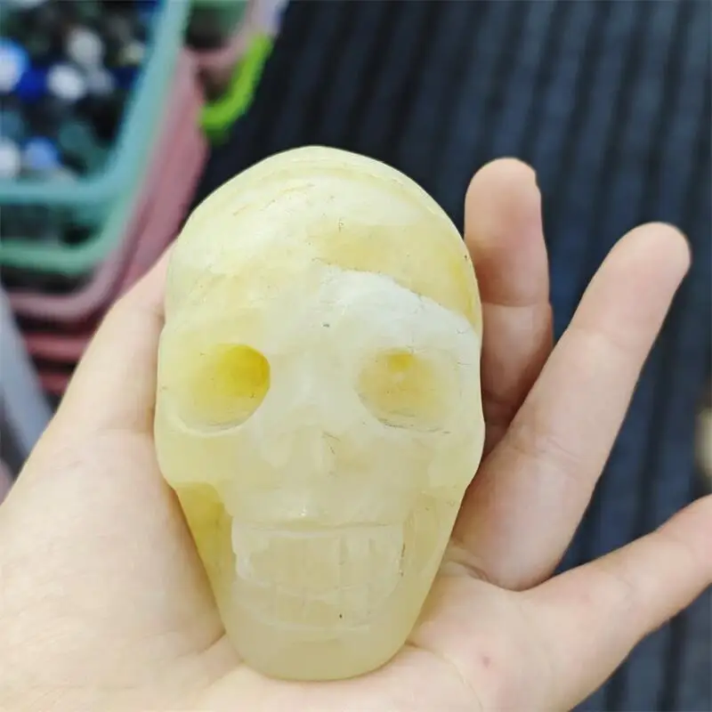 Natural Yellow Calcite Skull Carving Healing Fengshui Stone Reiki Home Decoration Holiday Gift 1PCS