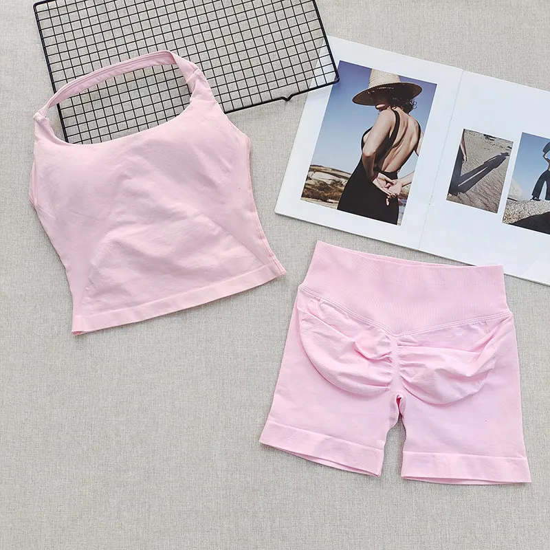 Damen-Sport-BH-Set mit Halsband, schöner Rücken, Yoga-Anzug, zweiteiliges Top, hochtailliertes, hüftformendes Fitness- und Gym-Set, Shorts-Sets – Detail 5