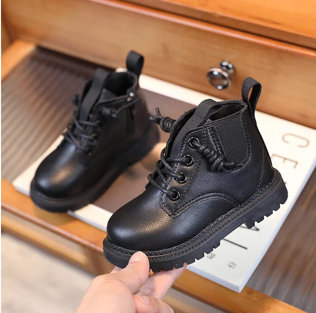 Classic Black Beige Short Boots for Kids Spring Autumn Children Shoes Girls Flat Heel Chelsea Boots Lace Up Boys Boots