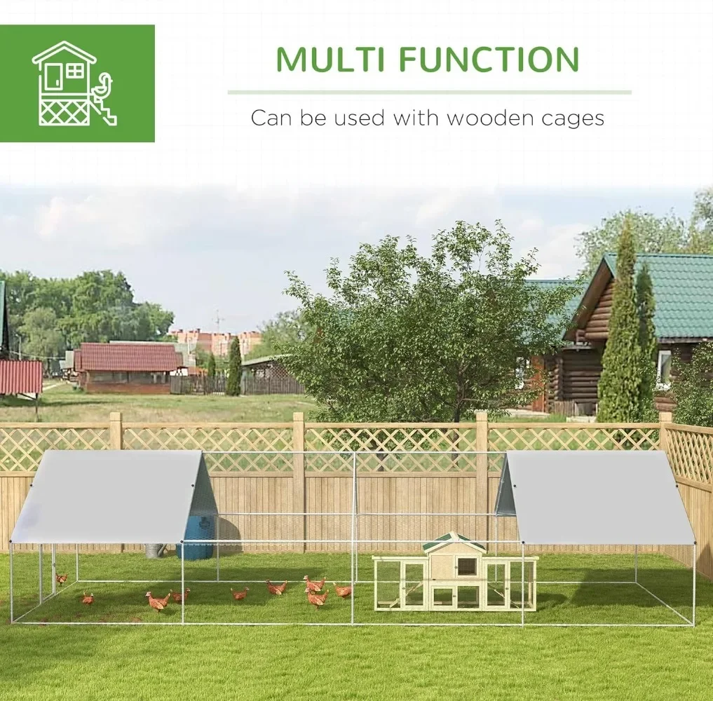 Large Chicken Coop Metal Chicken Run with Waterproof and Anti-UV Cover, Spire Shaped Walk in Fence Cage Hen House for Outdoor