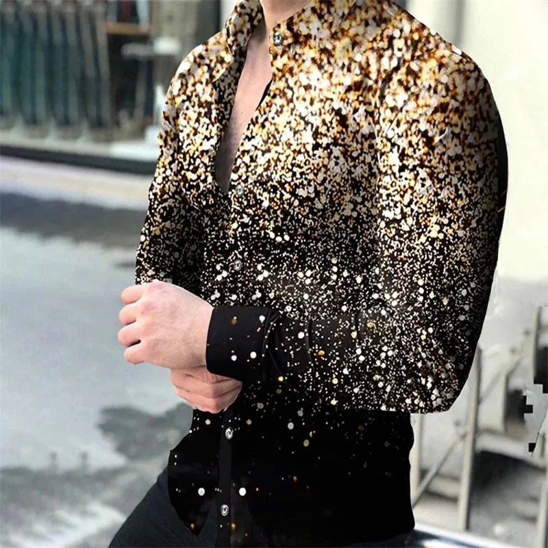 Camisa con solapa y botones para hombre, camisa informal de manga larga con estampado 3D dorado, estilo de fiesta, talla grande, novedad de 2023