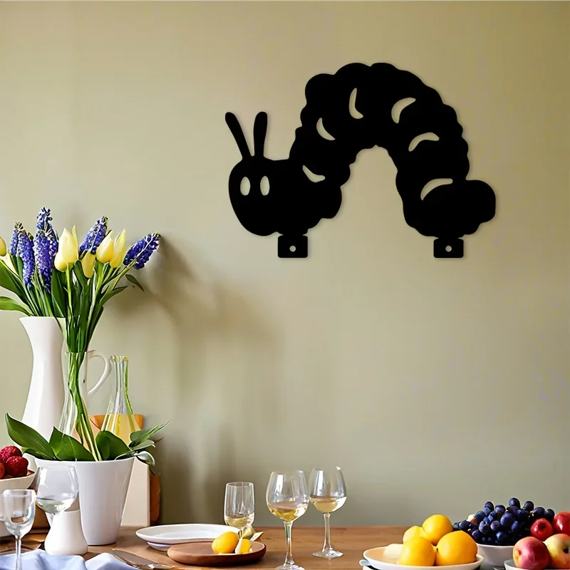 Caterpillar Iron Wall Hanging,Black 2D Silhouette with Eyes Antennae,for Nursery Kids Playroom Indoor Outdoor