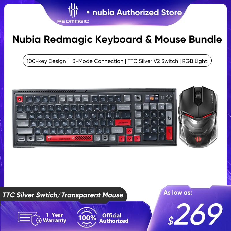 Nubia Redmagic Mechanical Keyboard 3-Mode Mechanice Keyboard & Mouse Bundle TTC Silver Swtich Transparent Mouse RGB Light