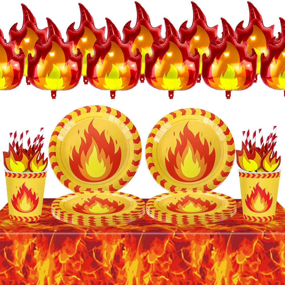 Fire Theme Disposable Tableware Paper Plates Cups Napkins Straws Tablecloth Balloon Fireman Boys Birthday Party Decor Supplies