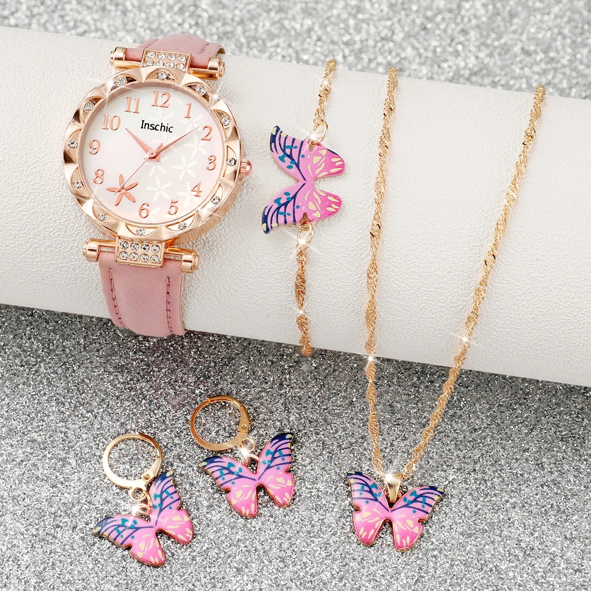 6PCS Fashion Butterfly Women Watches Leather Band Ladies Quartz Watch Jewelry Set Relogio Feminino Reloj Mujer（Without Box）