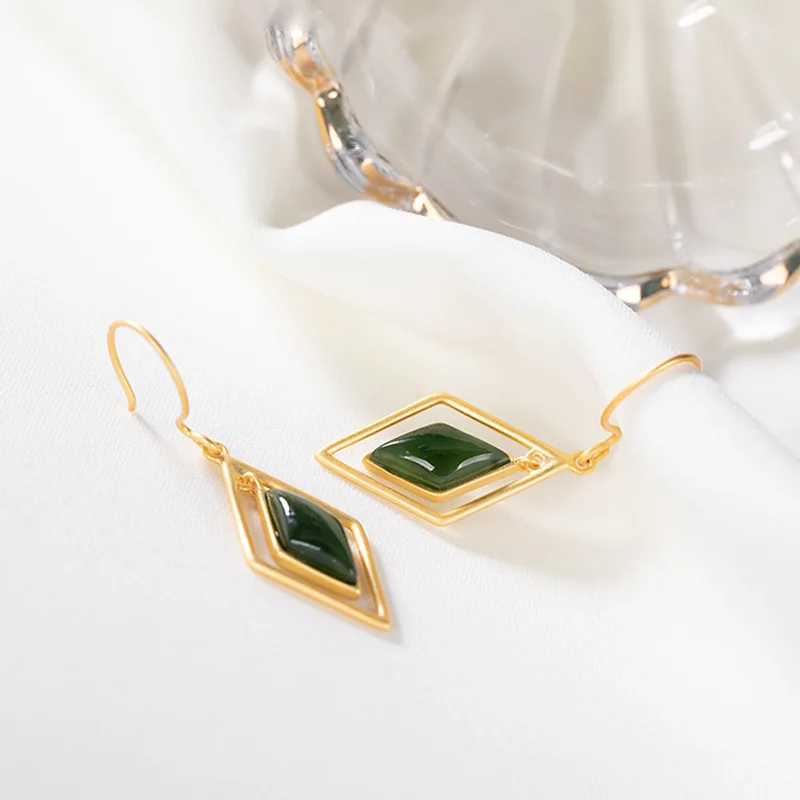 

New in Golden Inlaid Natural Hetian Chalcedony Palace High Sense earrings for women Personality Geometric Diamond Brand Jewelry