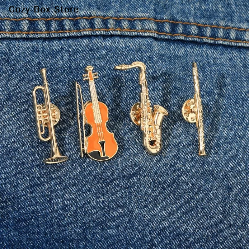 [ZY]1Pcs Symphony Orchestra Badge Funny Musical Instruments Enamel Brooches Trumpet Clarinet Saxophone Violin Shaped Golden Pins