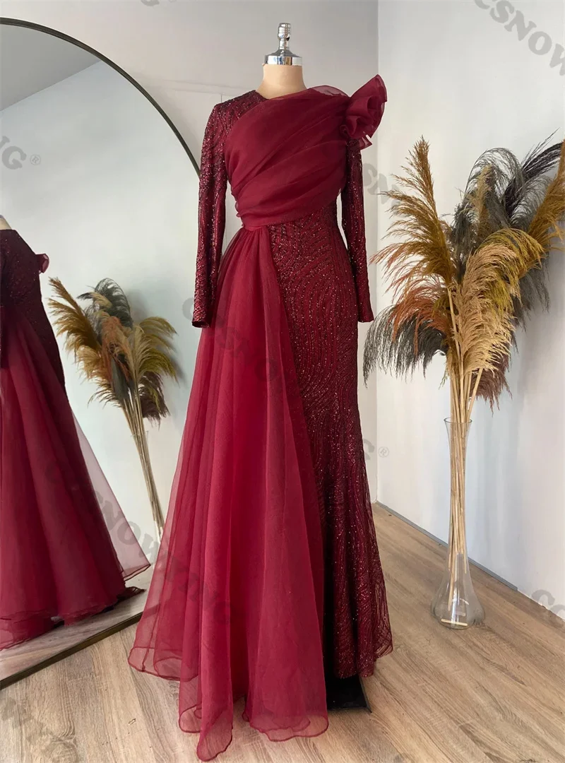 

Burgundy Long Sleeve Hijab Islamic Evening Dress Muslim Tulle Sequin Prom Formal Party Gown Arabic Dubai Kaftan Robe De Soiree