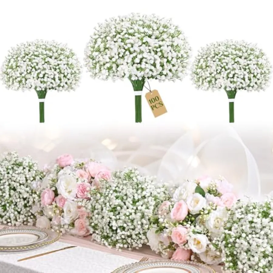 

Wedding home party decor: white artificial gypsophila, real-touch plastic, 100 pcs bulk pack for bouquets and floral arrangemen