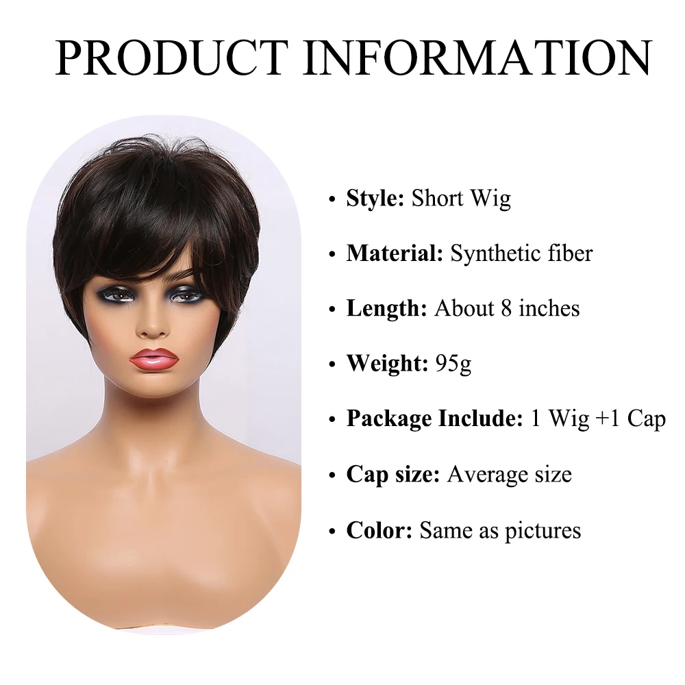 EASIHAIR Short Black Straight Brown Highlight Wigs With Pixie Cut Bangs High-temperature Fiber Synthetic Wigs Cosplay for Women
