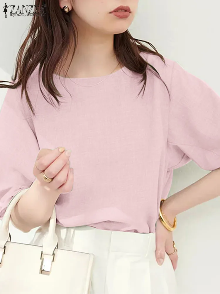 ZANZEA Korean Women Summer Blouse Vintage Solid Office Party Tops 2024 Elegant Puff Half Sleeve Shirt Casual Simple Blusas Femme