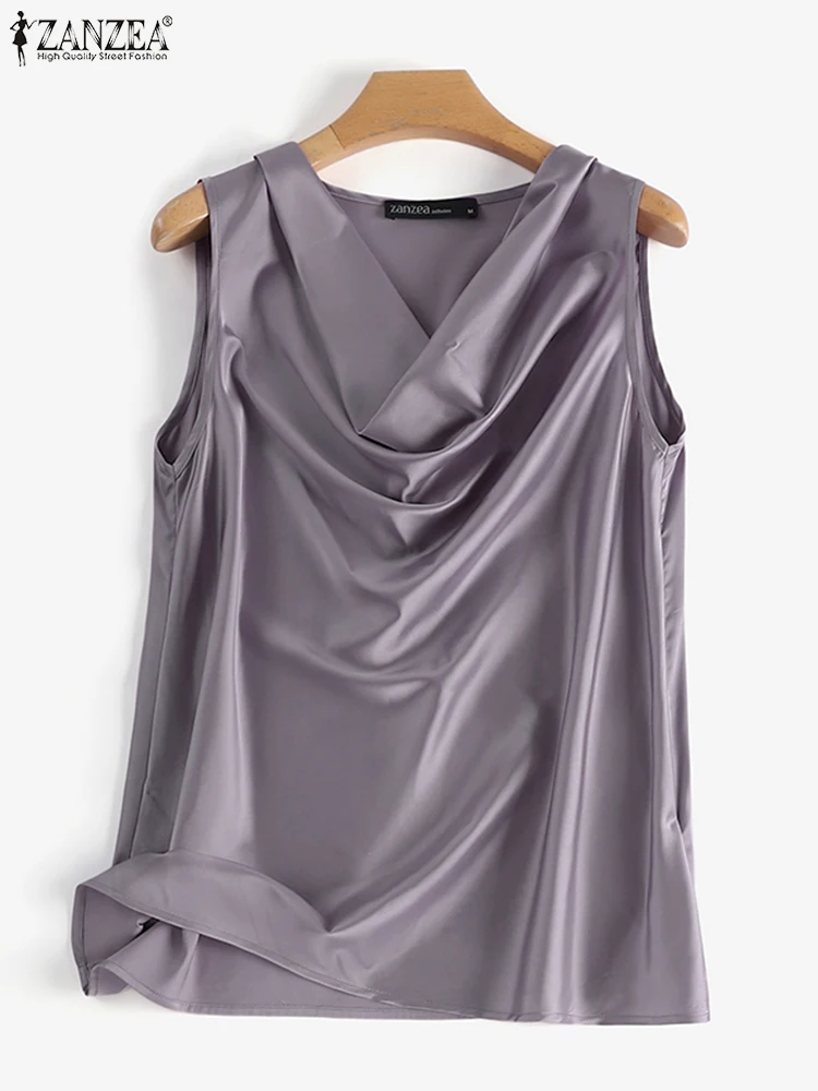 ZANZEA Women Satin Tank Tops Elegant Cowl Neck Sleeveless Blouse Korean Fashion Silk Solid Color Tanks Office Lady Sexy Camisole