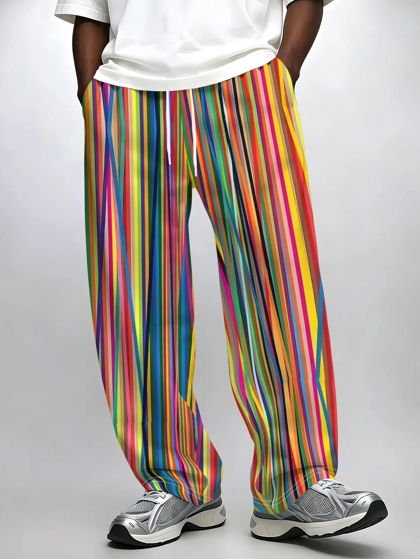 Amerikanische Street-Regenbogen-Streifen-Hose für Damen und Herren mit elastischem Kordelzug an der Taille, gerade geschnitten, lässig, sportlich – Detail 9