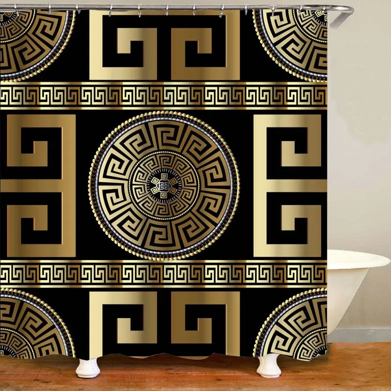 

3D Luxury Black Gold Greek Key Meander Bathroom Curtain Shower Curtain for Bathroom Modern Geometric Ornate Bathtub Toilet Decor