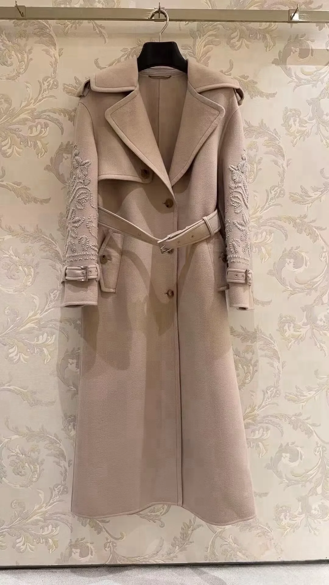 Quiet Luxury Sand Wool Trench Coat Women Chic Floral Embroidered Sleeve High End Double Sided Belted Long Maxi Coat