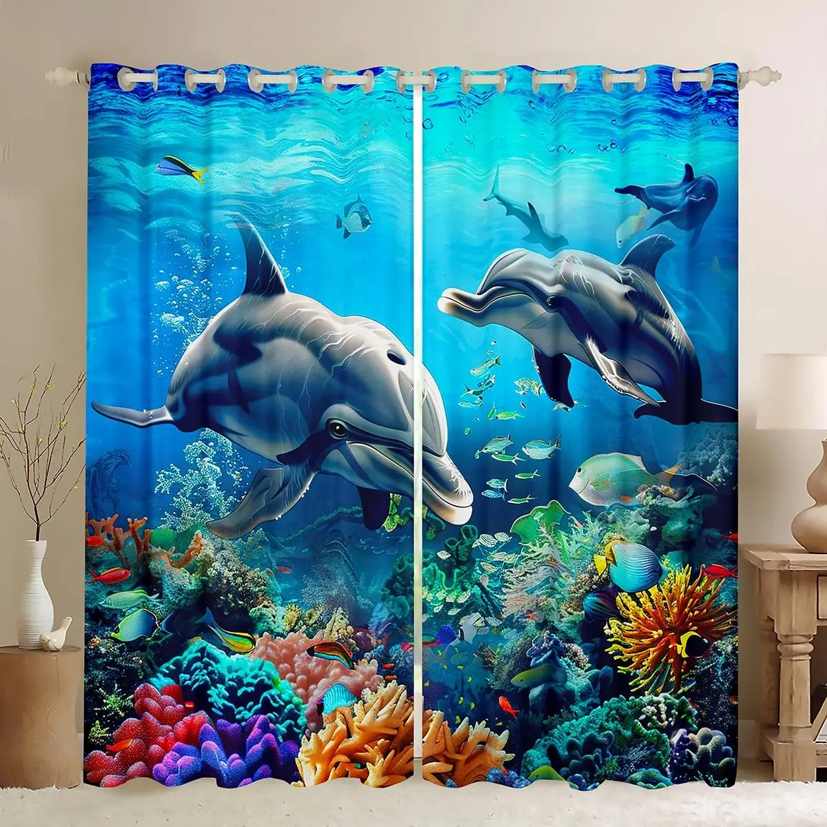 Dolphin Curtains Ocean Theme Window Curtain Underwater Tropical Fish Sea Animal Print Window Drapes for Boys Girls Playroom
