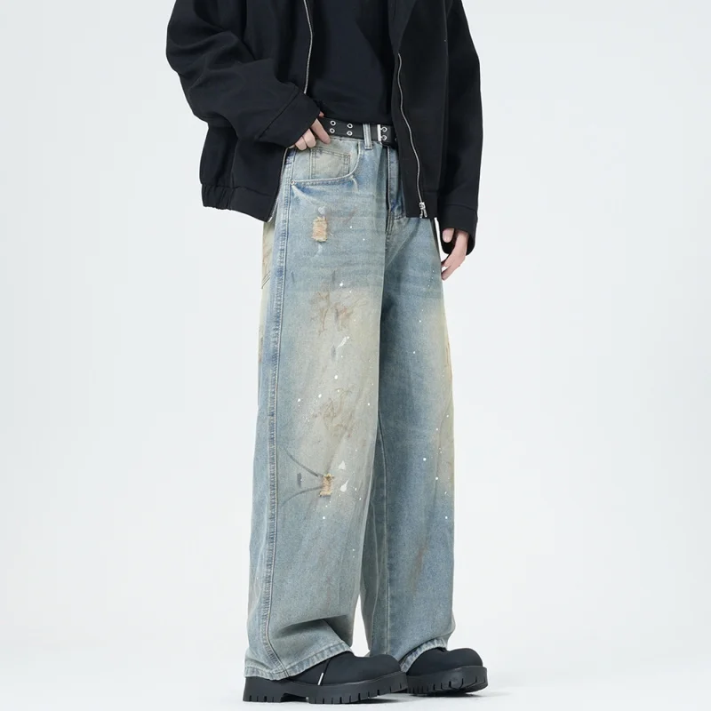 الشارع الشهير اليابانية خمر الجينز المتعثرة للرجال الكورية غسلها الدنيم البضائع السراويل مستقيم الساق عارضة طويلة السراويل الذكور