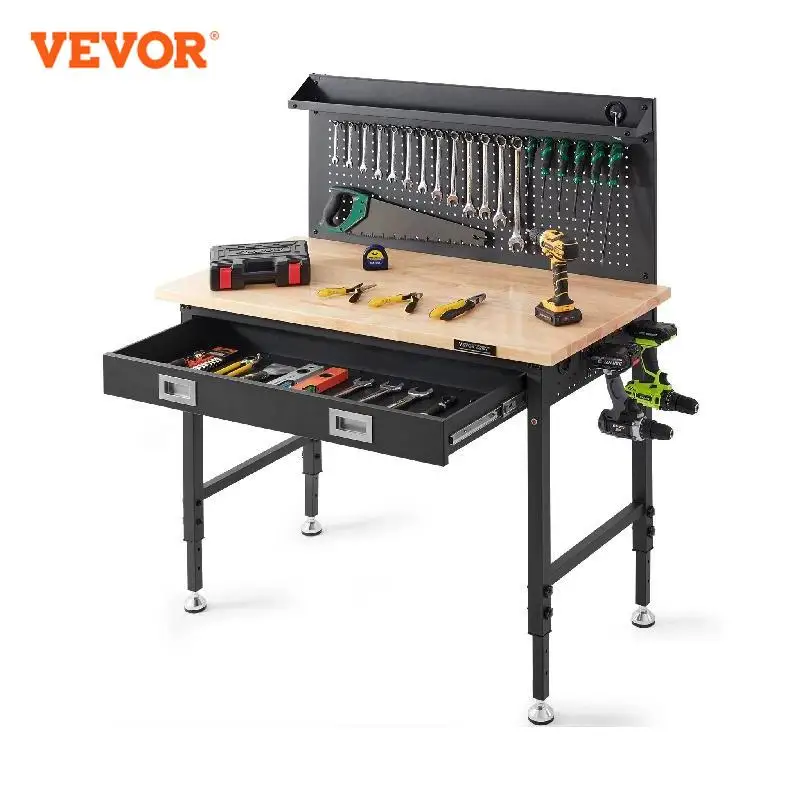 VEVOR 2000lbs Hardwood Workbench Heavy Duty Oak Plank Work Table Carbon Steel with 3m Cable 30 Hooks for Garage Office Workshop