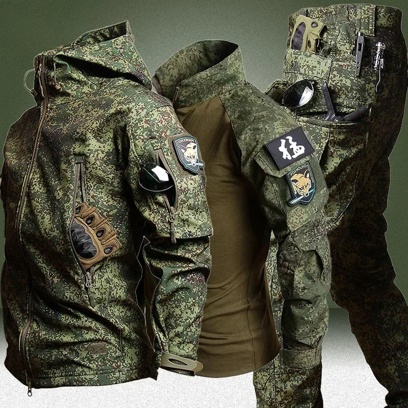 

RU Camo Training Sets Men Autumn Breathable Long Sleeve Tshirts+Multi-pocket Straight Pants Suits Hunting Outdoor Cargo Set