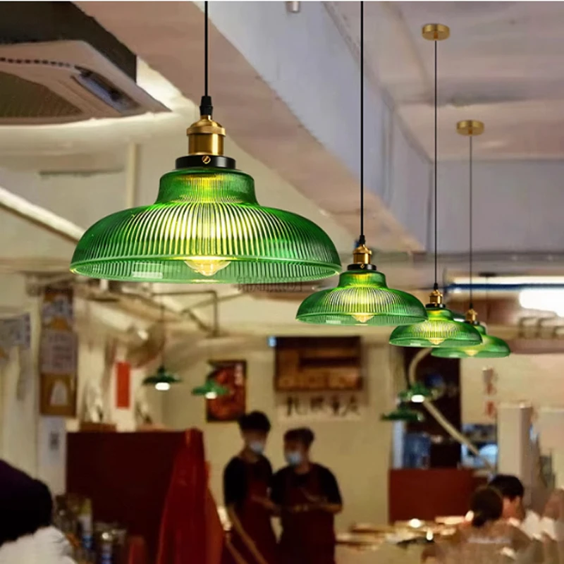 LED Vintage Glass Pendant Light Green Hanging Lamps Living Room Decor Luminaire Hall Bedroom Dining Room Chandelier Ceiling Lamp