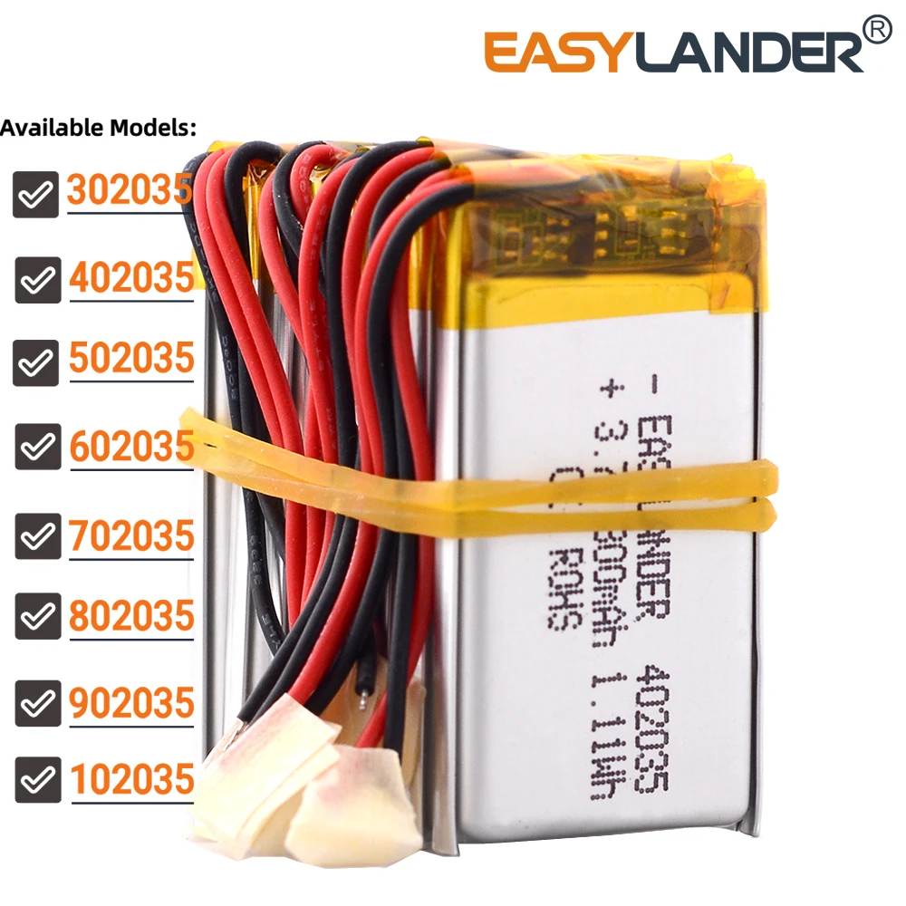 10Pcs/Lot 402035 3.7V 300mAh Lithium Li-ion Lipo Polymer Battery 302035 502035 602035 702035 802035 902035 102035