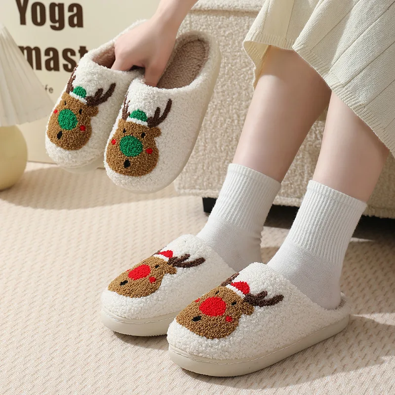 Winter Women Winter House Furry Slippers Non-Slip Casual Indoor Flats Floor Shoes Ladies Flip Flops Warm Shoes For Christmas Day