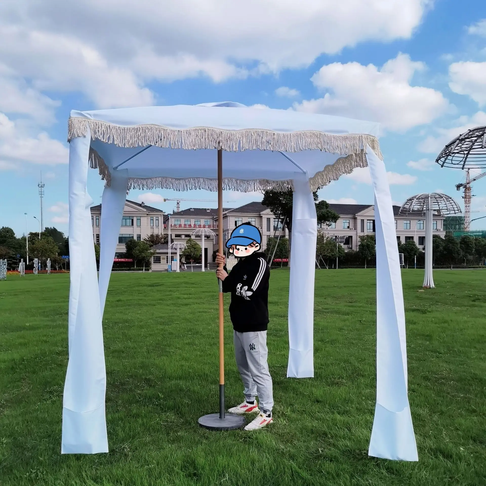 

2m white with tassels, wind-resistant sunscreen tent, umbrella, wooden pole beach hut umbrella, sunshade, wind-resistant reinfor