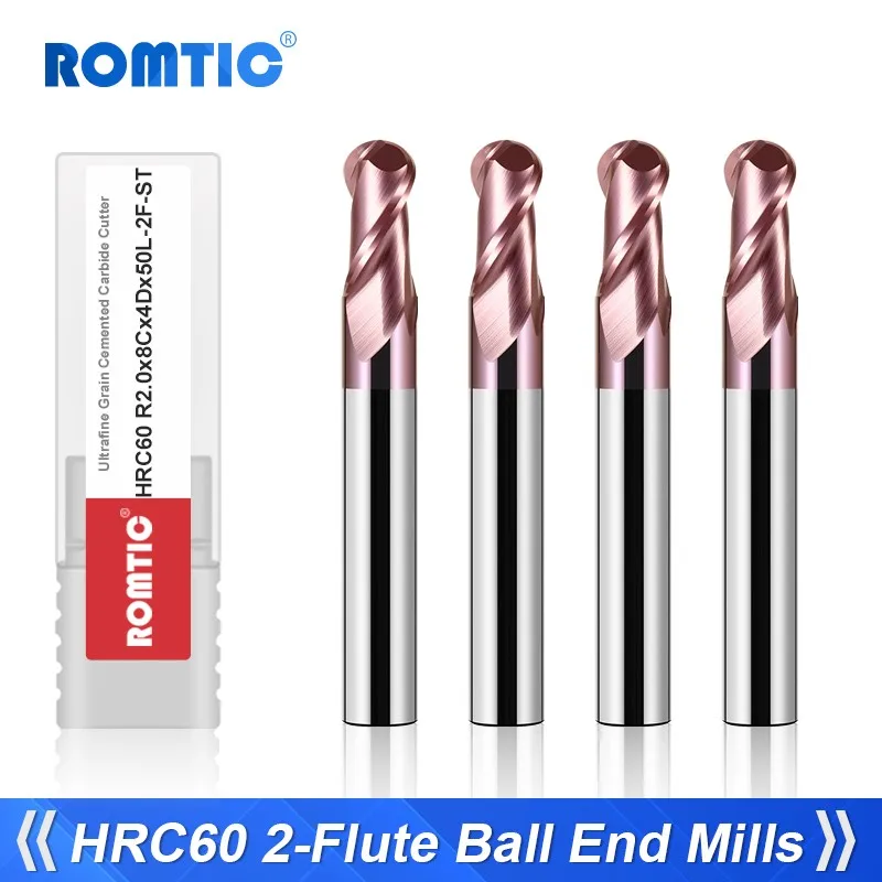 ROMTIC-Ball End Fresa, Aço De Tungstênio, Carboneto, Nano Revestimento, 2-Flauta, CNC, Usinagem Mecânica, Centro End Mill Tools, HRC60