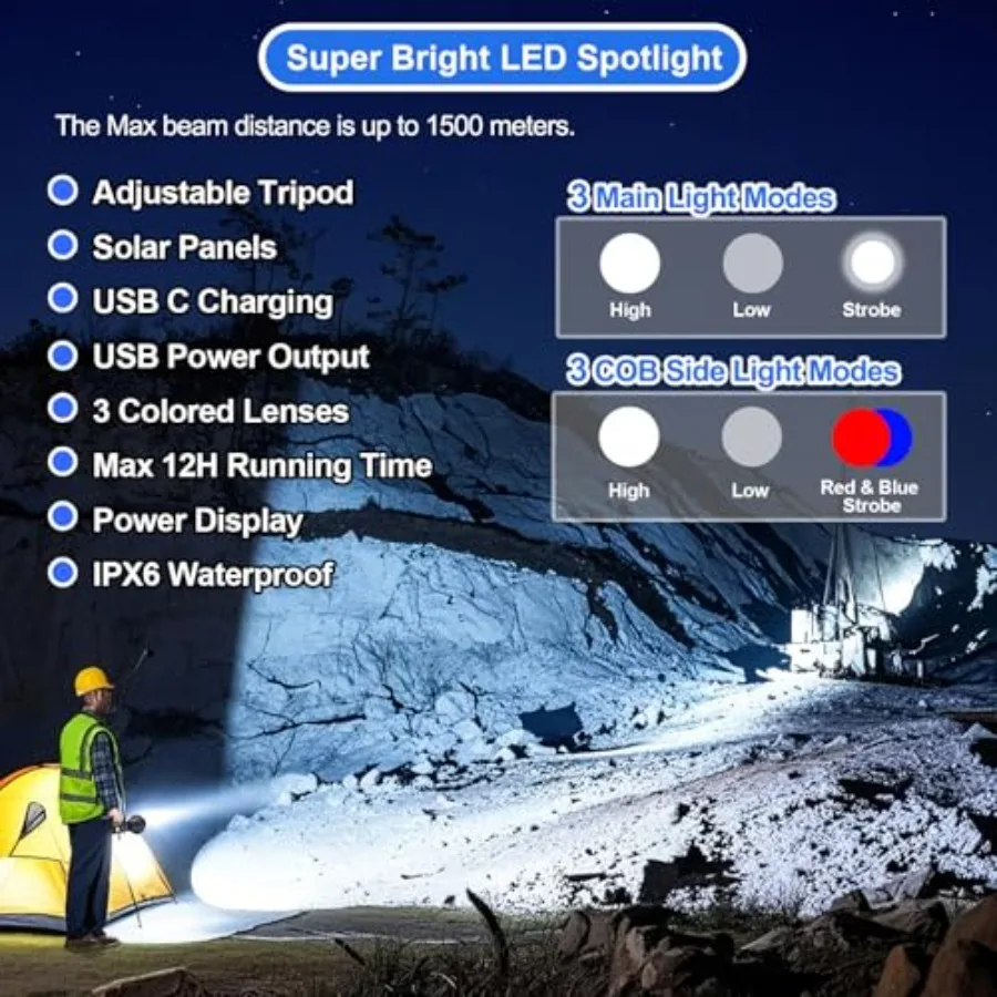 Rechargeable Spotlight Flashlight, 3, 000, 000L Lumens LED Handheld Spot Light, 6 Modes, 3 Colored Lenses, Solar and USB-C Char