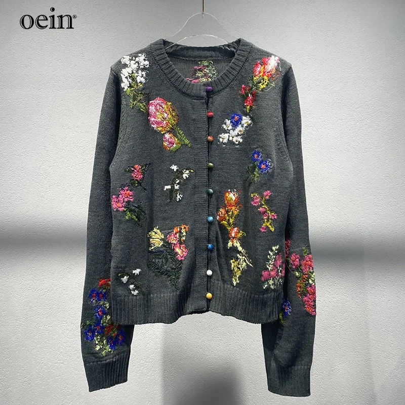 [oein] Niche 2024 Winter New Round Neck Floral Embroidery Knitted Cardigan Casual Versatile Jacket Top Women